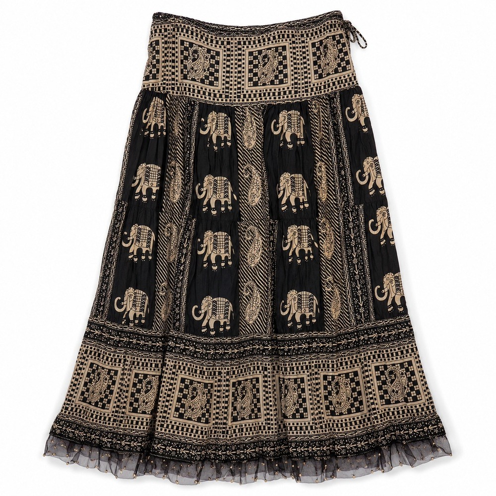 Vtg Boho Western Elephant Maxi Skirt Cotton Animals Forest Fairy sz 12 Autograph